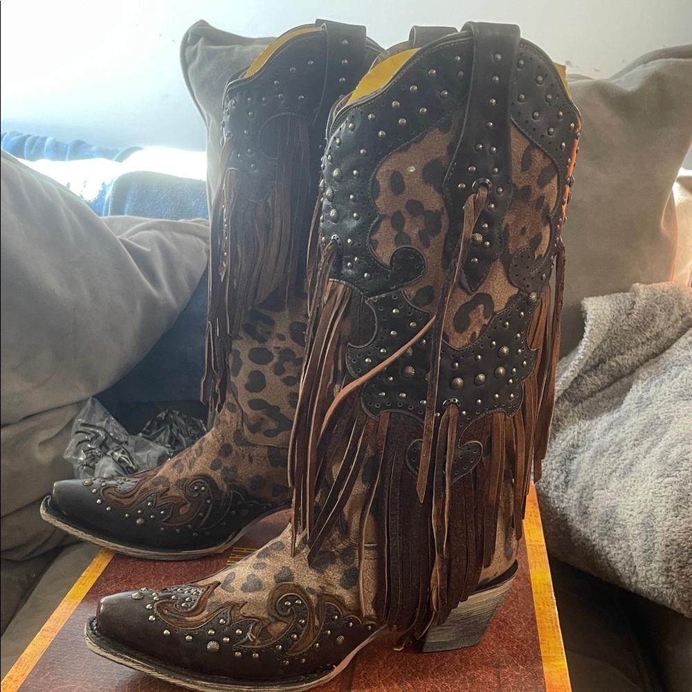 Corral Leopard Print Fringe Western Boots